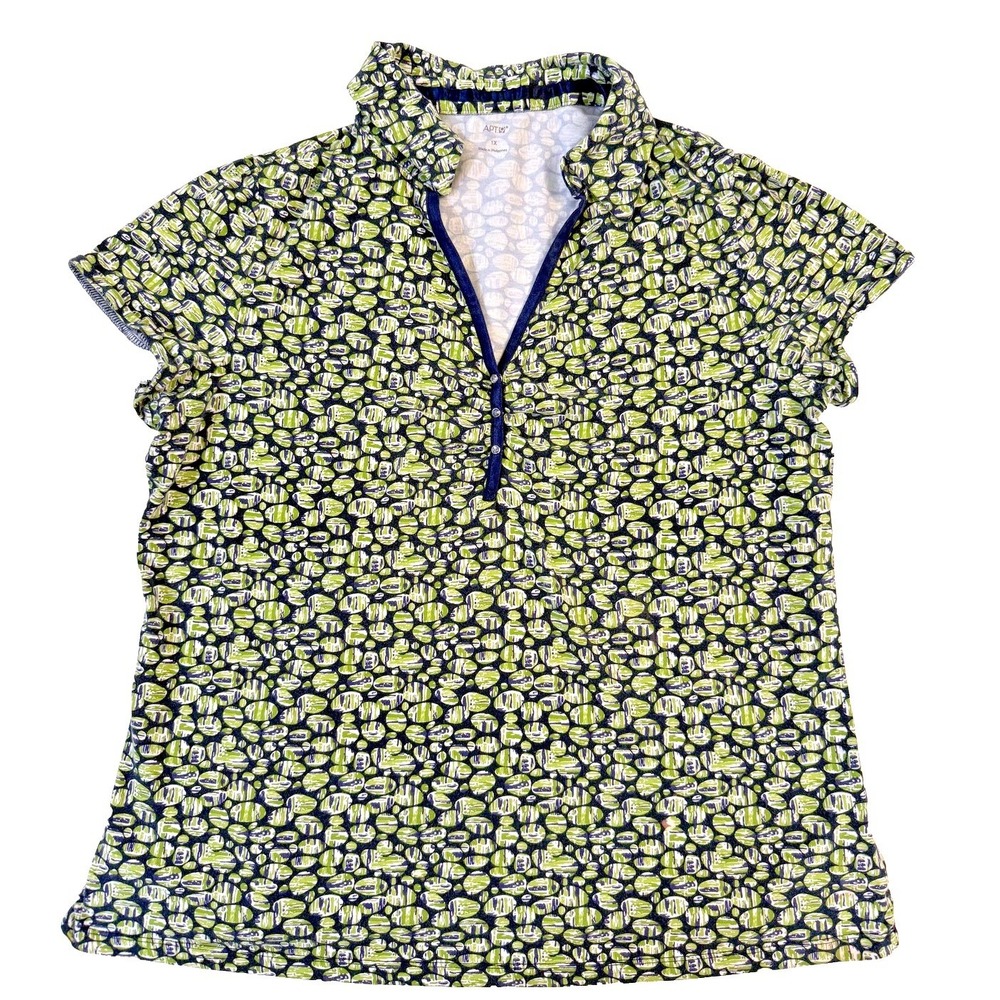 Cottagecore Blouse Womens 1X Green Navy Short Sleeve Collared Button Up Colorful